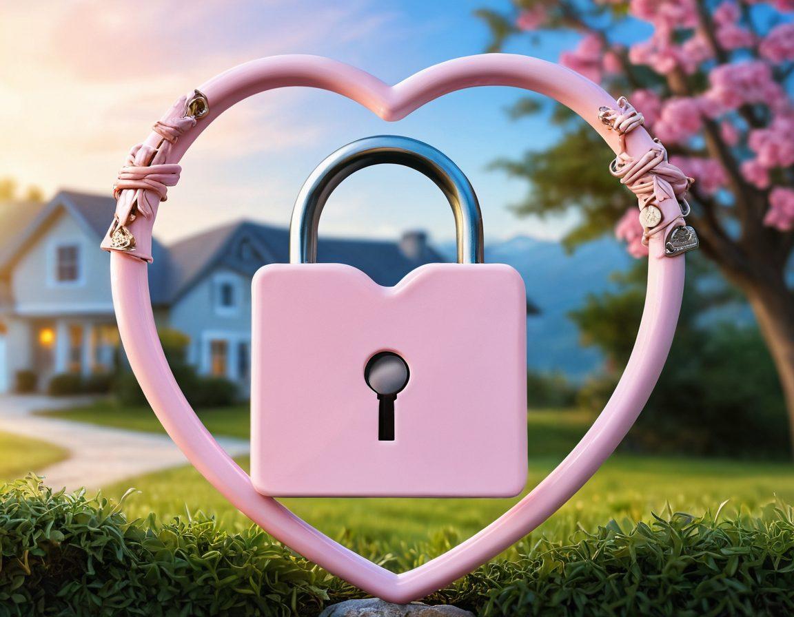A serene and inviting image of a heart-shaped lock, symbolizing security, surrounded by a variety of insurance-related icons like a house, car, and health symbol. In the background, soft pastel colors blend into a peaceful landscape that conveys well-being and tranquility. Soft glowing light emanates from the heart lock, representing hope and protection. super-realistic. vibrant colors. soft focus.