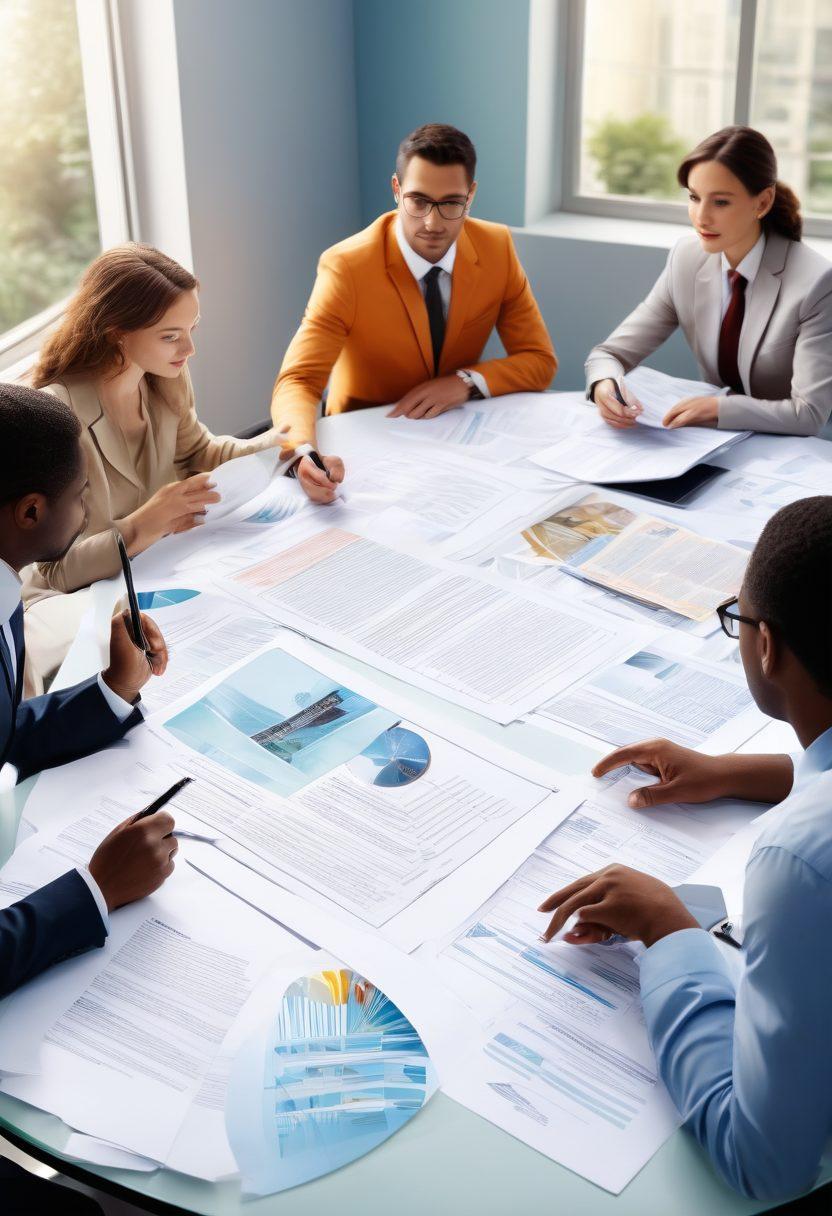 An elegant illustration of a diverse group of people, engaged in a dynamic discussion over a table filled with insurance documents and policy brochures. Include visual elements like a magnifying glass highlighting key terms, vibrant charts depicting coverage options, and a serene background of a modern office. Convey trust and clarity in the atmosphere. super-realistic. vibrant colors. 3D.