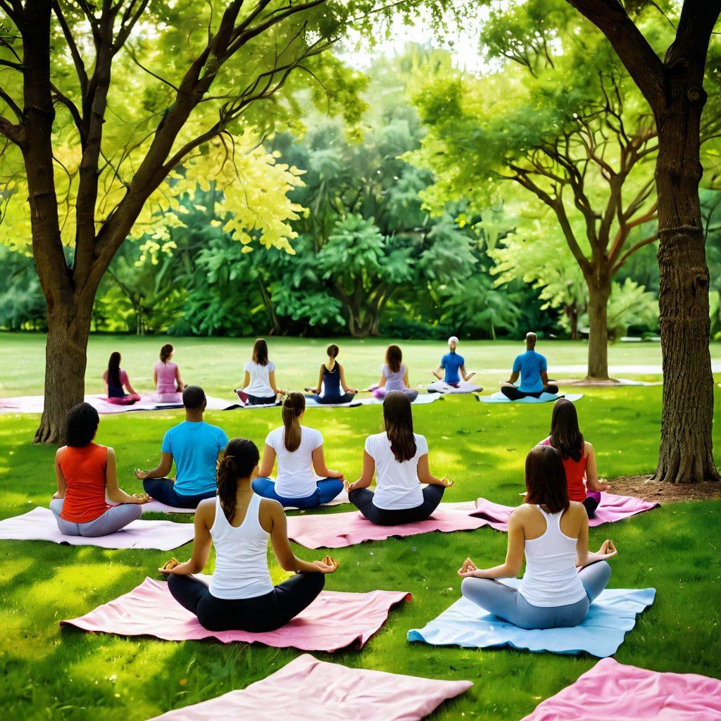 A serene scene depicting a diverse group of people enjoying a peaceful park, showcasing various well-being activities like yoga and meditation. Include elements that represent safety and care, such as soft protective cushions and vibrant life insurance plan brochures scattered around. Bright, cheerful colors to symbolize happiness and security. Illustrate an inviting atmosphere with trees and flowers in full bloom. soft focus. vibrant colors. super-realistic.